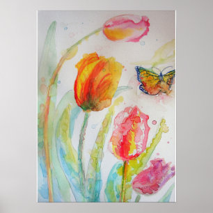 Roze Tulp Tulips Floral Flowers Waterverf Poster