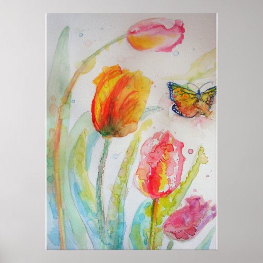Roze Tulp Tulips Floral Flowers Waterverf Poster (Voorkant)