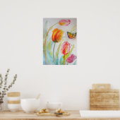 Roze Tulp Tulips Floral Flowers Waterverf Poster (Keuken)