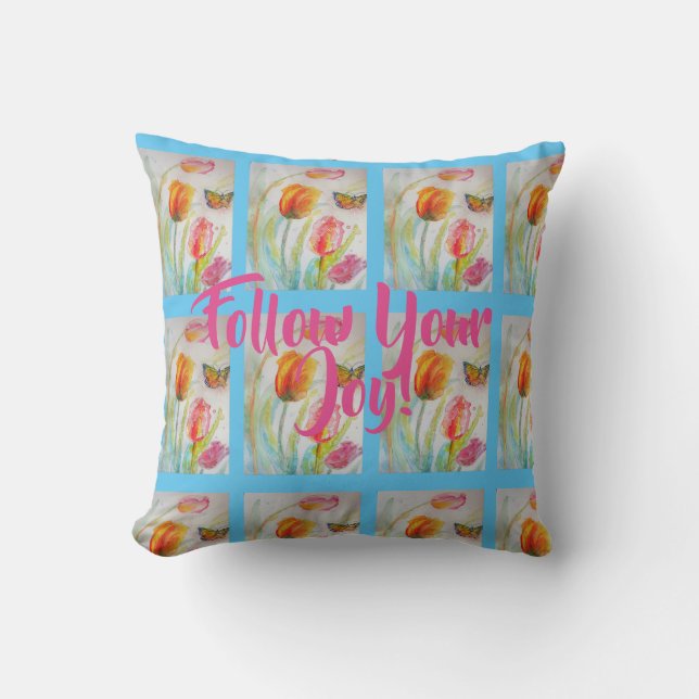 Roze Tulp Tulpen Bloem Waterverf Blauwe Kussen (Voorkant)