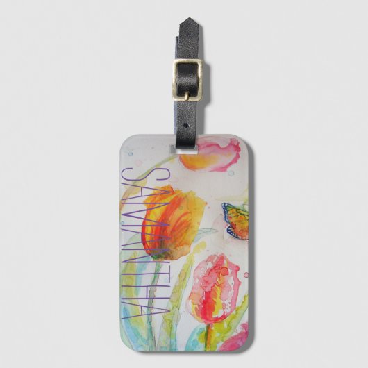 Roze Tulp Tulpen Bloemige Waterverf Vrouwenaam Bagagelabel (Voorkant (verticaal))