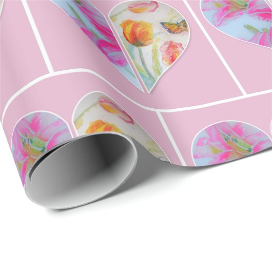 Roze Tulp Tulpen bloemschildering Waterverf Inpakp Cadeaupapier (Rol Hoek)