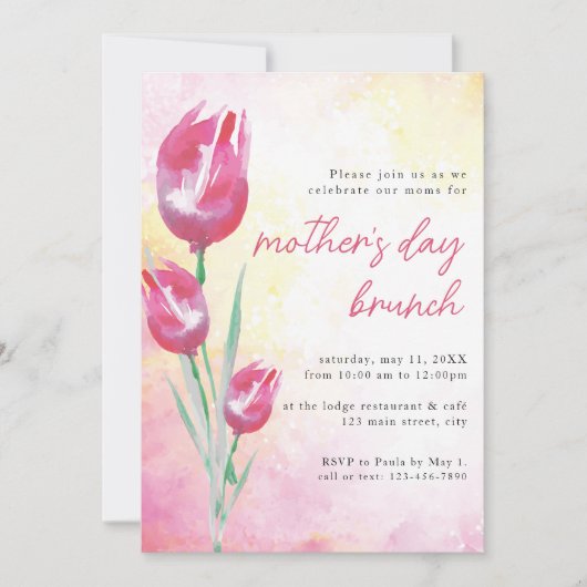 Roze Tulp Waterverf Moederdag Brunch Kaart (Voorkant)