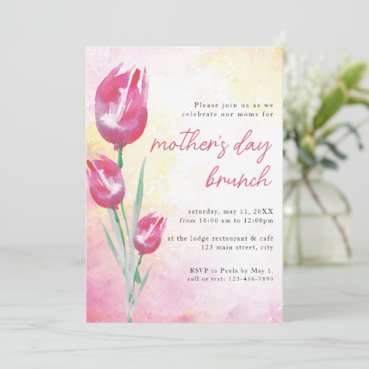 Roze Tulp Waterverf Moederdag Brunch Kaart (Staand voorkant)