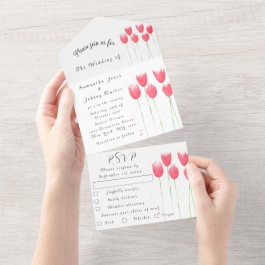 Roze Tulp Waterverf Spring Wedding Elegant alles I All In One Uitnodiging (Afscheurbaar)