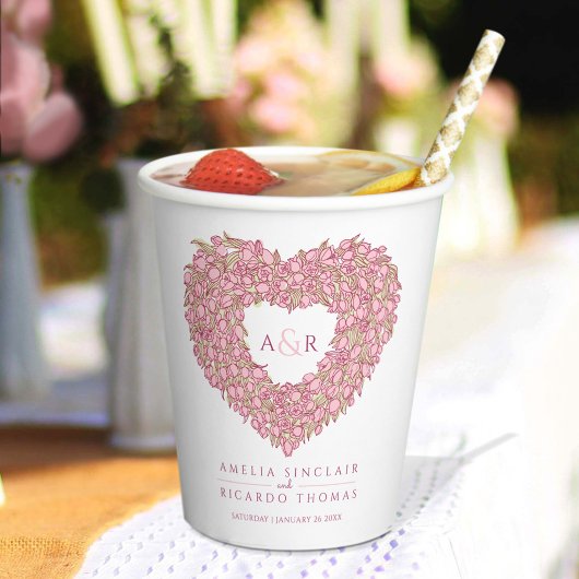 Roze tulpbloem bouquet art monogram bruiloft papieren bekers