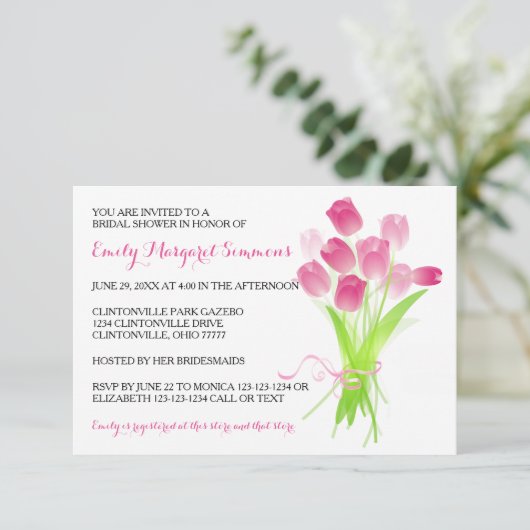 Roze Tulpen - 3x5 Bruids Douche Uitnodiging (Staand voorkant)