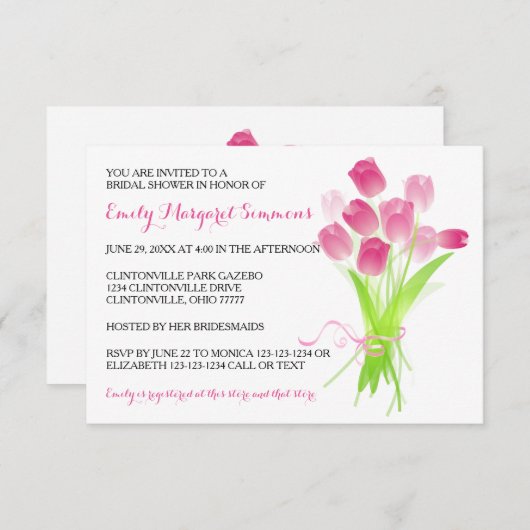 Roze Tulpen - 3x5 Bruids Douche Uitnodiging (Voorkant / Achterkant)