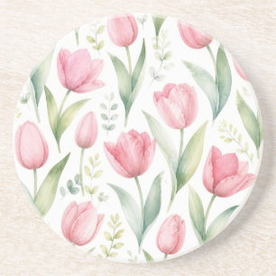 Roze Tulpen Aquarel Bloemschilderkunst Botanisch Zandsteen Onderzetter