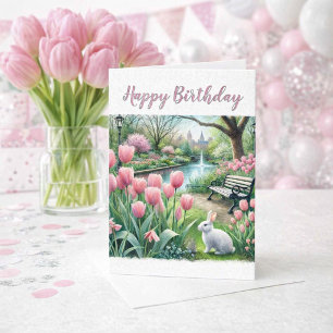 Roze tulpen bij Park Happy Birthday Groet  Kaart