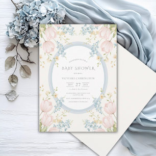 Roze tulpen bloem blauw vintage baby shower kaart