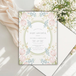 Roze tulpen bloem sage groene vintage baby shower kaart