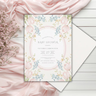 Roze Tulpen Bloemige Vintage Baby Shower Kaart