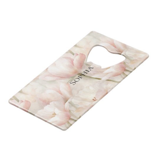 Roze Tulpen Bloemrijke Bruiloft Feest Creditkaart Flessenopener (Voorkant Gekanteld)