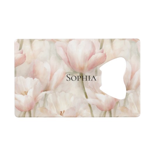 Roze Tulpen Bloemrijke Bruiloft Feest Creditkaart Flessenopener (Voorkant (Horizontaal))