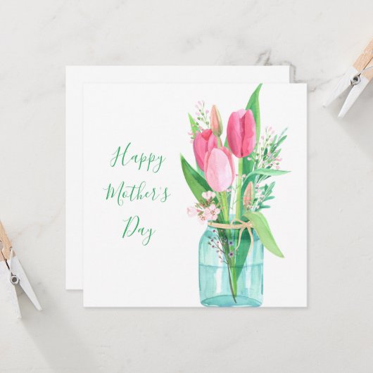  roze tulpen Bouquet Moederdag Kaart (Voorkant / Achterkant in situ)