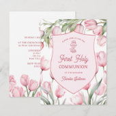 Roze Tulpen Eerste Heilige Communie Uitnodiging (Voorkant / Achterkant)