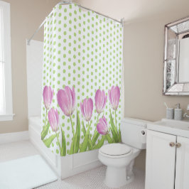  roze tulpen en groene Stippen Elegant Floral Douchegordijn