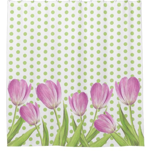  roze tulpen en groene Stippen Elegant Floral Douchegordijn (Voorkant)