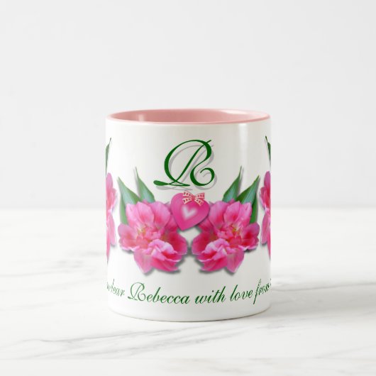 Roze Tulpen en Hart Custom Text Tweekleurige Koffiemok (Center)