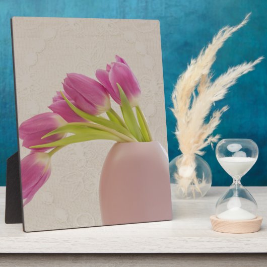 Roze tulpen en kant fotoplaat (Zijkant)