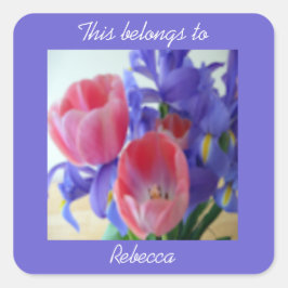 Roze tulpen en Paarse isris op maat Vierkante Sticker