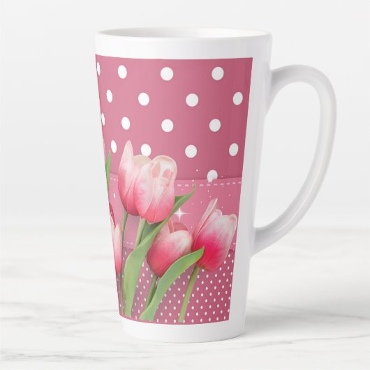  roze tulpen en roze en witte poka dots latte mok (Rechts)