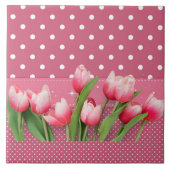  roze tulpen en roze en witte poka dots tegeltje (Voorkant)