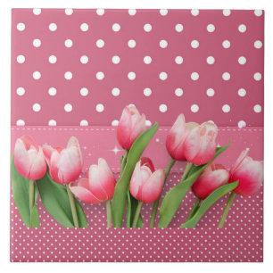 roze tulpen en roze en witte poka dots tegeltje
