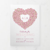 Roze tulpen florale hartkunst monogram bruiloft drieluik uitnodiging (Cover)