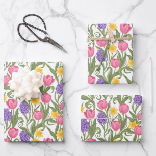 Roze tulpen, gele narcissen, paarse hyacinten inpakpapier vel