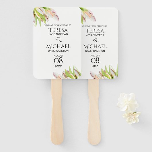 Roze Tulpen Gepersonaliseerde Tuin Bruiloft Handwaaier (Voorkant en achterkant)