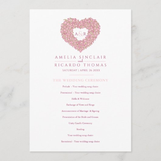 Roze tulpen hardeliefde ceremonie bruiloft programmakaart (Voorkant)
