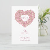 Roze tulpen hart met monogram bruiloft menu (Staand voorkant)