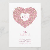 Roze tulpen hart met monogram bruiloft menu (Voorkant)