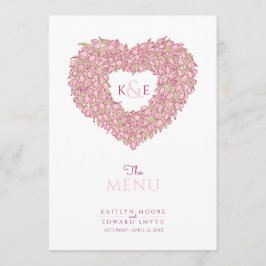 Roze tulpen hart met monogram bruiloft menu