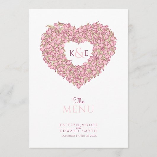 Roze tulpen hart met monogram bruiloft menu (Voorkant)