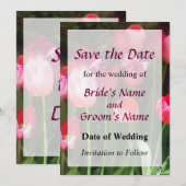 Roze tulpen in de tuin Save the Date (Voorkant / Achterkant)