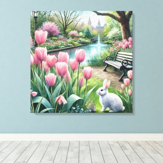 Roze tulpen in het park canvas afdruk (Insitu (Houten vloer))