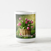 Roze tulpen in mand koffiemok (Center)