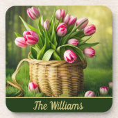 Roze tulpen in mandje bier onderzetter (Voorkant)