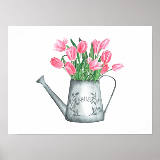 Roze Tulpen in Watercan Waterverf Poster (Voorkant)