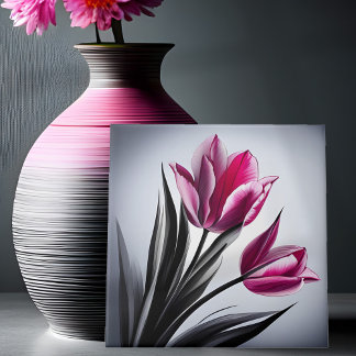 Roze tulpen inktketting tegeltje