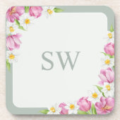 Roze tulpen lente bloemen monogram onderzetters (Voorkant)