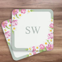 Roze tulpen lente bloemen monogram onderzetters