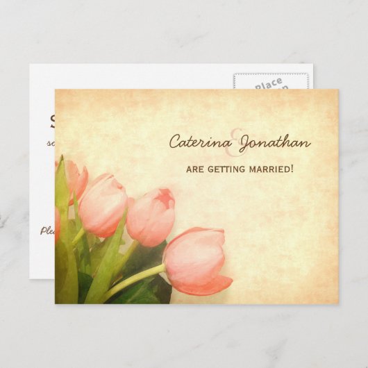 Roze tulpen lente bruiloft opslaan van de datum aankondigingskaart (Voorkant / Achterkant)