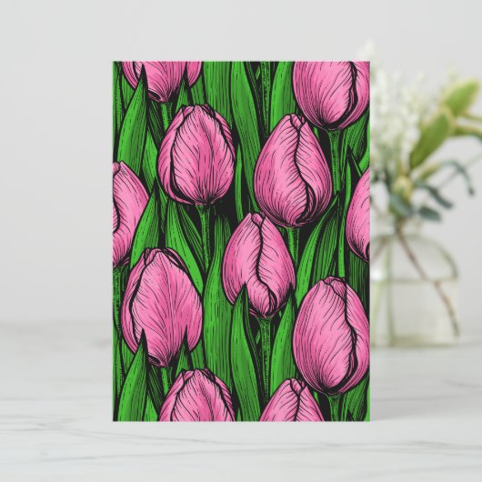 Roze tulpen met groene bladeren (Staand voorkant)