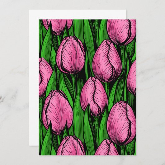 Roze tulpen met groene bladeren (Voorkant / Achterkant)