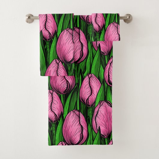 Roze tulpen met groene bladeren bad handdoek (Insitu)