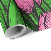 Roze tulpen met groene bladeren cadeaupapier (Rol Hoek)